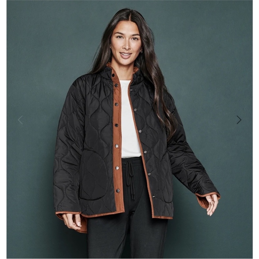 summersalt Black Quilted Jacket with Brown Trim